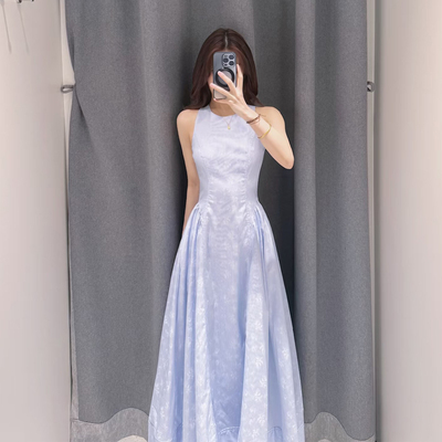 法式无袖蓝色收腰显白显瘦连衣裙