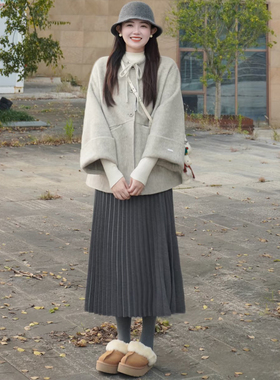 韩式蝴蝶结灰色中长款毛呢外套女秋冬高级感小个子单排扣呢子大衣