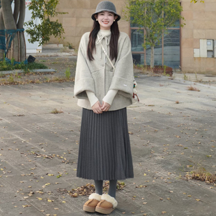 韩式 毛呢外套女秋冬高级感小个子单排扣呢子大衣 蝴蝶结灰色中长款