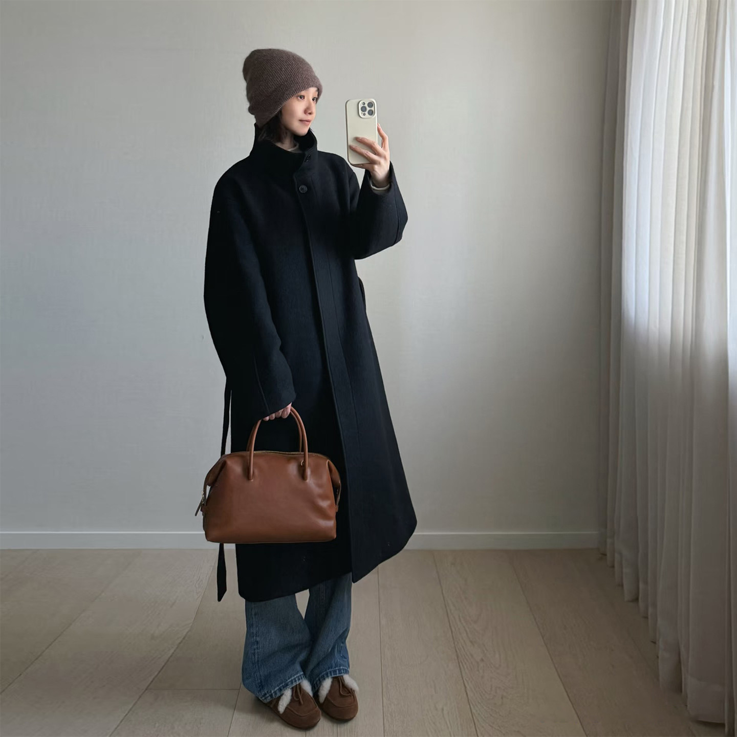 老钱风黑色立领毛呢外套女小个子过膝中长单排扣系带收腰呢子大衣,女装/女士精品,毛呢外套,淘宝优惠券,粉丝福利购,淘宝优惠卷