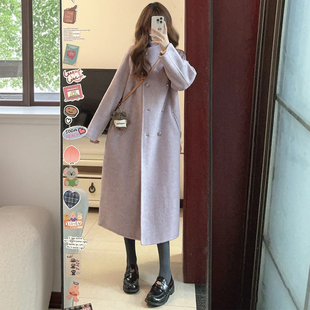 温柔风紫色立领毛呢大衣女秋冬中长款双排扣高级感小个子呢子外套