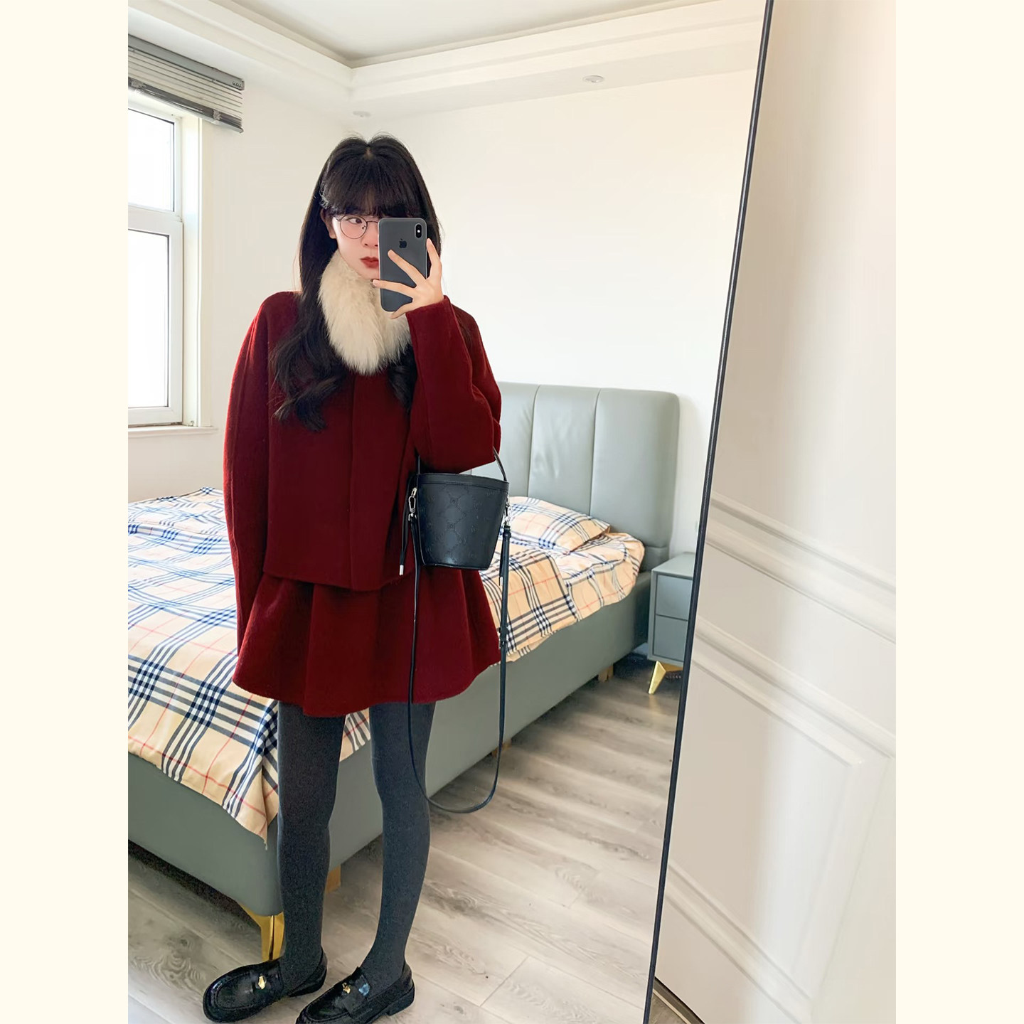 圣诞穿搭毛领毛呢外套半身裙套装