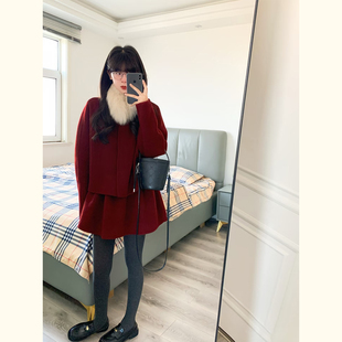 三件套装 秋冬质感圣诞红穿搭毛领毛呢外套半身裙套装 女小个子时尚