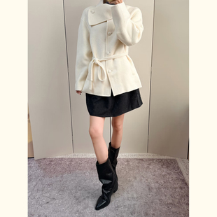 小个子白色毛呢大衣女秋冬高级感大翻领系带收腰宽松呢子外套