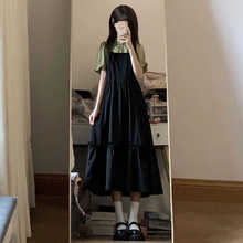 女夏季新中式盘扣国风黑色显瘦长裙小众设计感拼接假两件连衣裙
