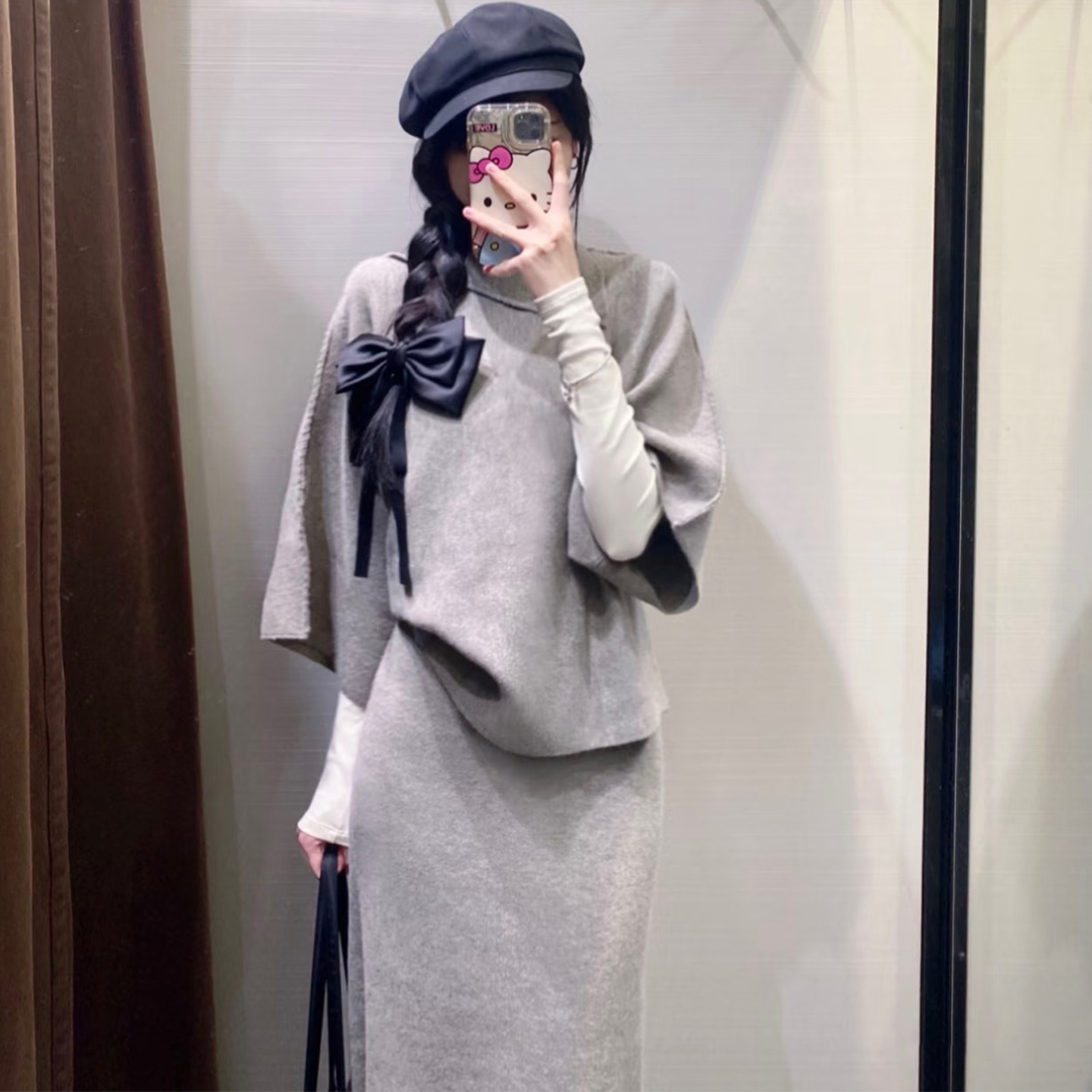 松弛感灰色斗篷上衣半身裙两件套