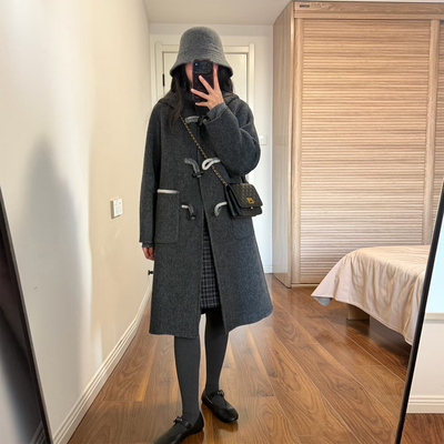 学院风牛角扣连帽韩版毛呢外套女