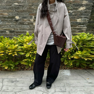 系带扣袢通勤外套洋气百搭 小个子中长款 韩版 宽松立领风衣女春秋装