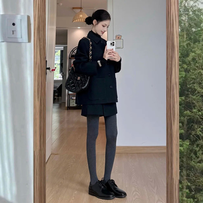 小个子韩系黑色毛呢外套套装