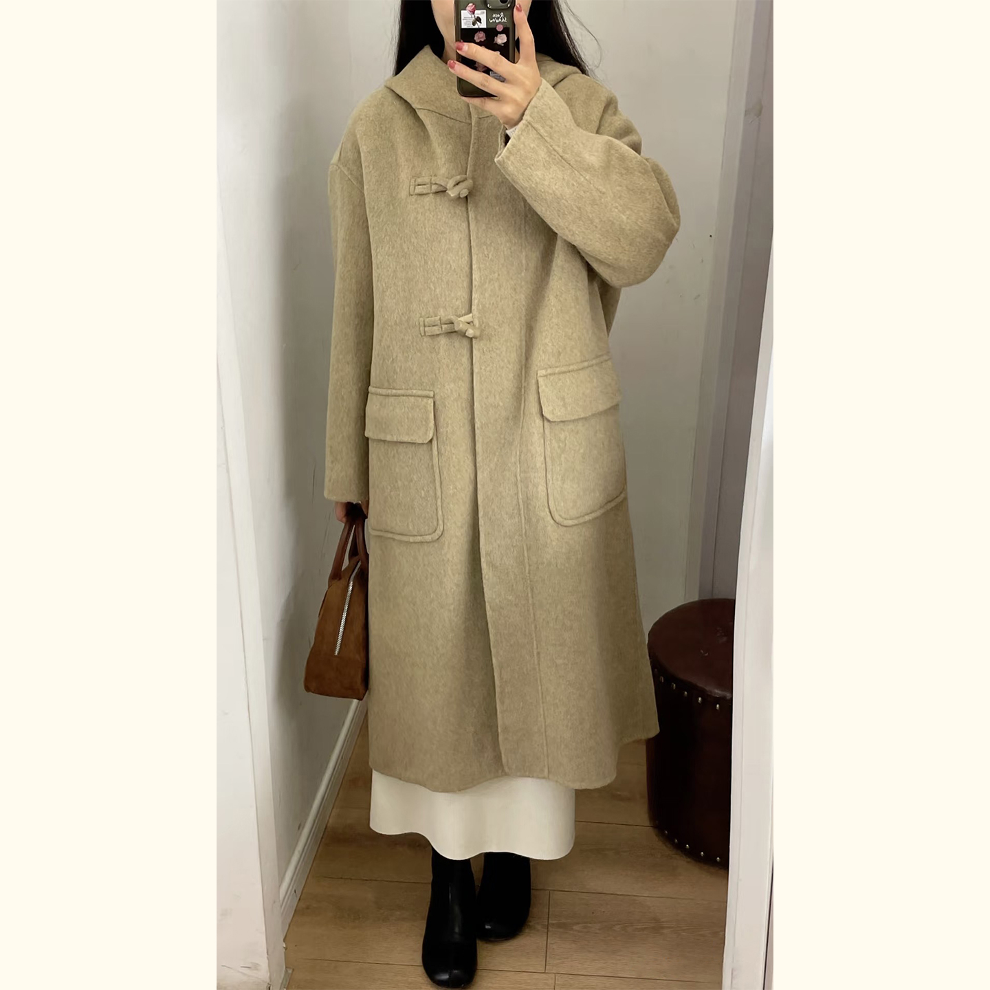 小个子温柔风连帽盘扣毛呢大衣