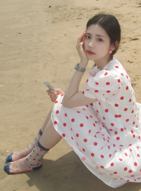泡泡袖红色波点连衣裙女夏季小个子翻领A字裙短袖俏皮感复古裙