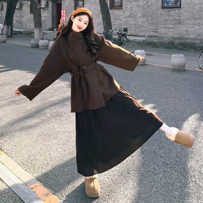 韩系立领棕色中长款腰带毛呢外套