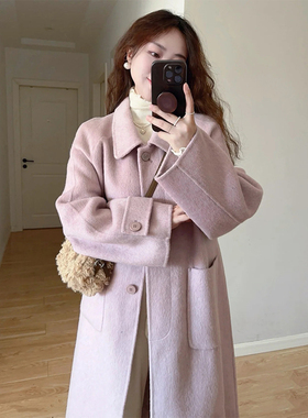 韩系赫本风紫色呢子大衣女秋冬新款系带小个子中长款毛呢外套加厚