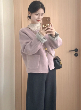 温柔风粉灰色短款毛呢外套女秋冬新款韩版小个子休闲百搭呢子大衣