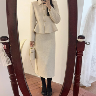 轻熟风毛呢套装女秋冬新款小个子名媛小香风时髦外套半身裙两件套