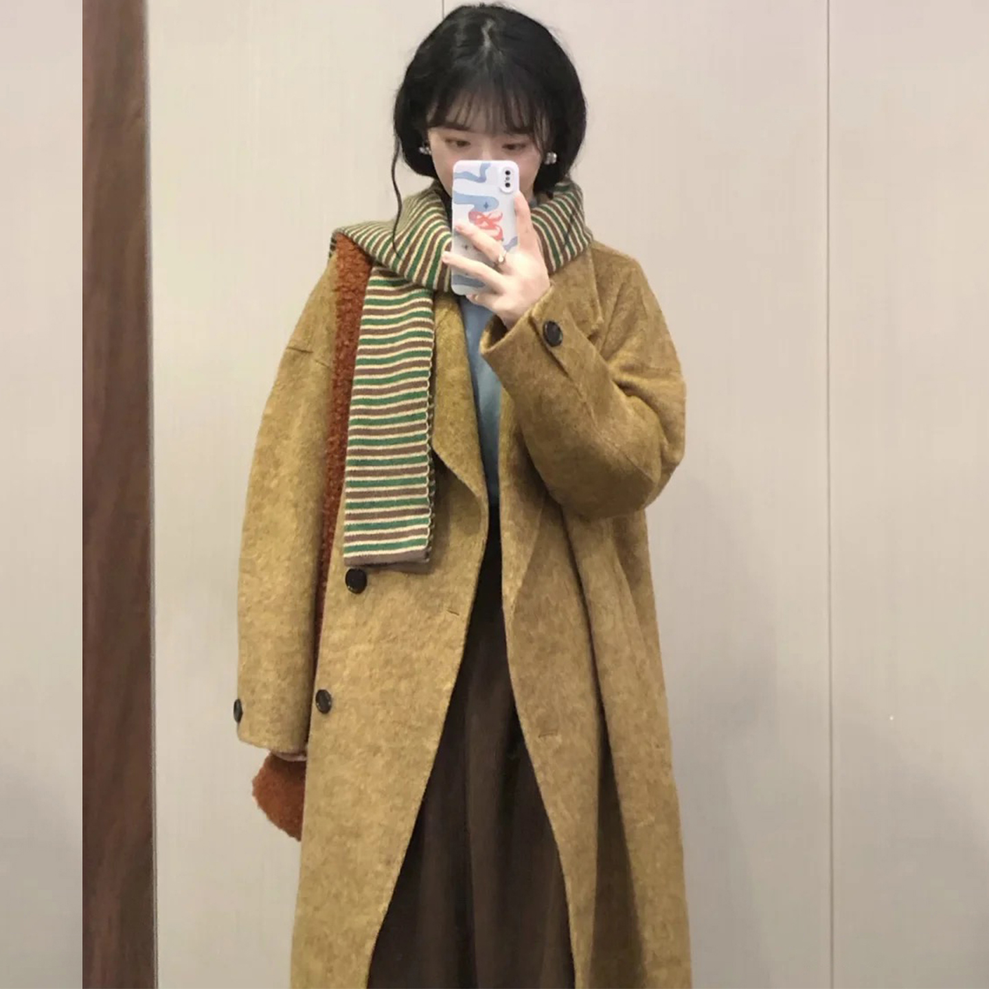 老钱风秋叶黄毛呢大衣中长款