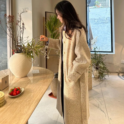 中长毛呢外套女冬季系带呢子大衣