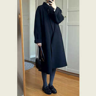 极简风黑色毛呢外套女中长款宽松显瘦小个子百搭呢子大衣