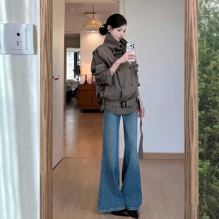 灰绿色立领廓形风衣外套女春秋季 双排扣系带收腰显瘦气质上衣 新款