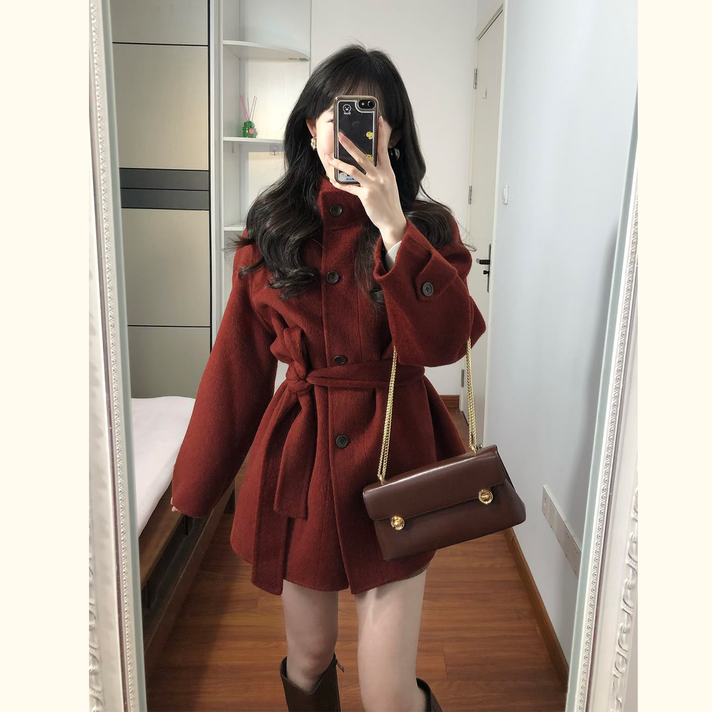 氛围感红色立领毛呢外套女秋冬小个子中长款收腰系带通勤呢子大衣