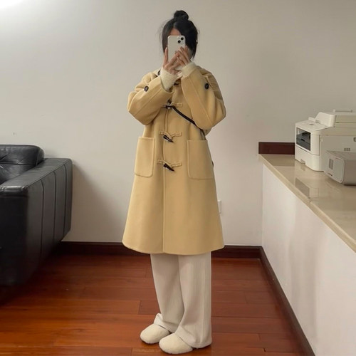 韩版中长款小个子牛角扣毛呢外套