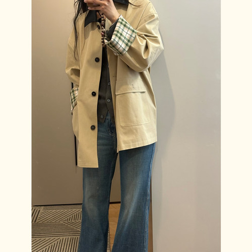 韩系复古格纹拼接皮领工装风衣
