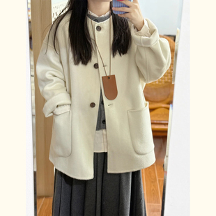 高级感米白色单排扣圆领毛呢外套女韩版小个子中长款呢子大衣韩版