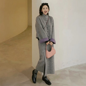 女秋冬盘扣短款 新中式 撞色毛呢外套半身裙套装 呢子大衣高开叉半裙