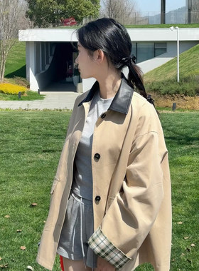 小个子卡其拼千鸟格中长风衣女