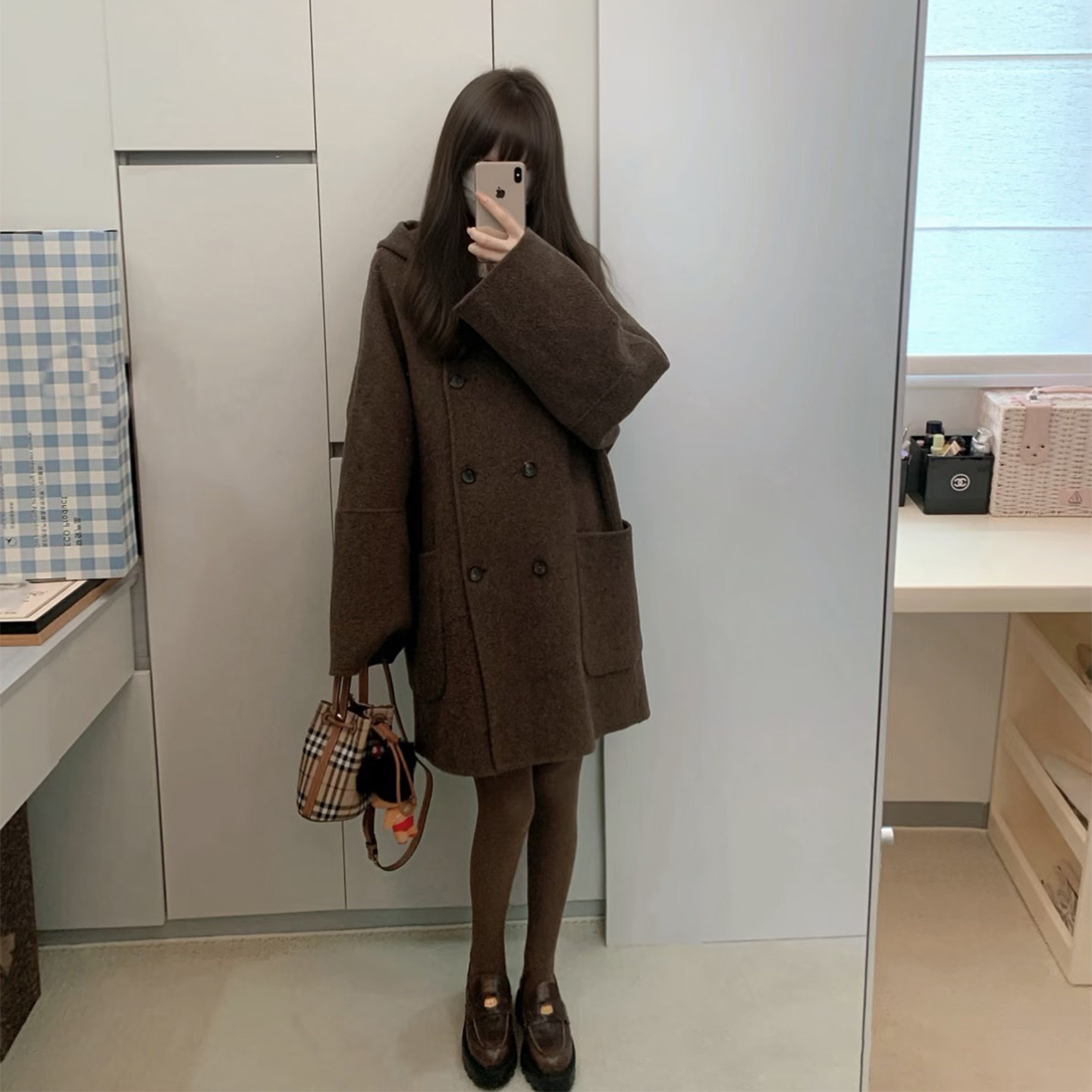 韩系学院风连帽双排扣毛呢大衣女秋冬季中长款小个子高级感外套