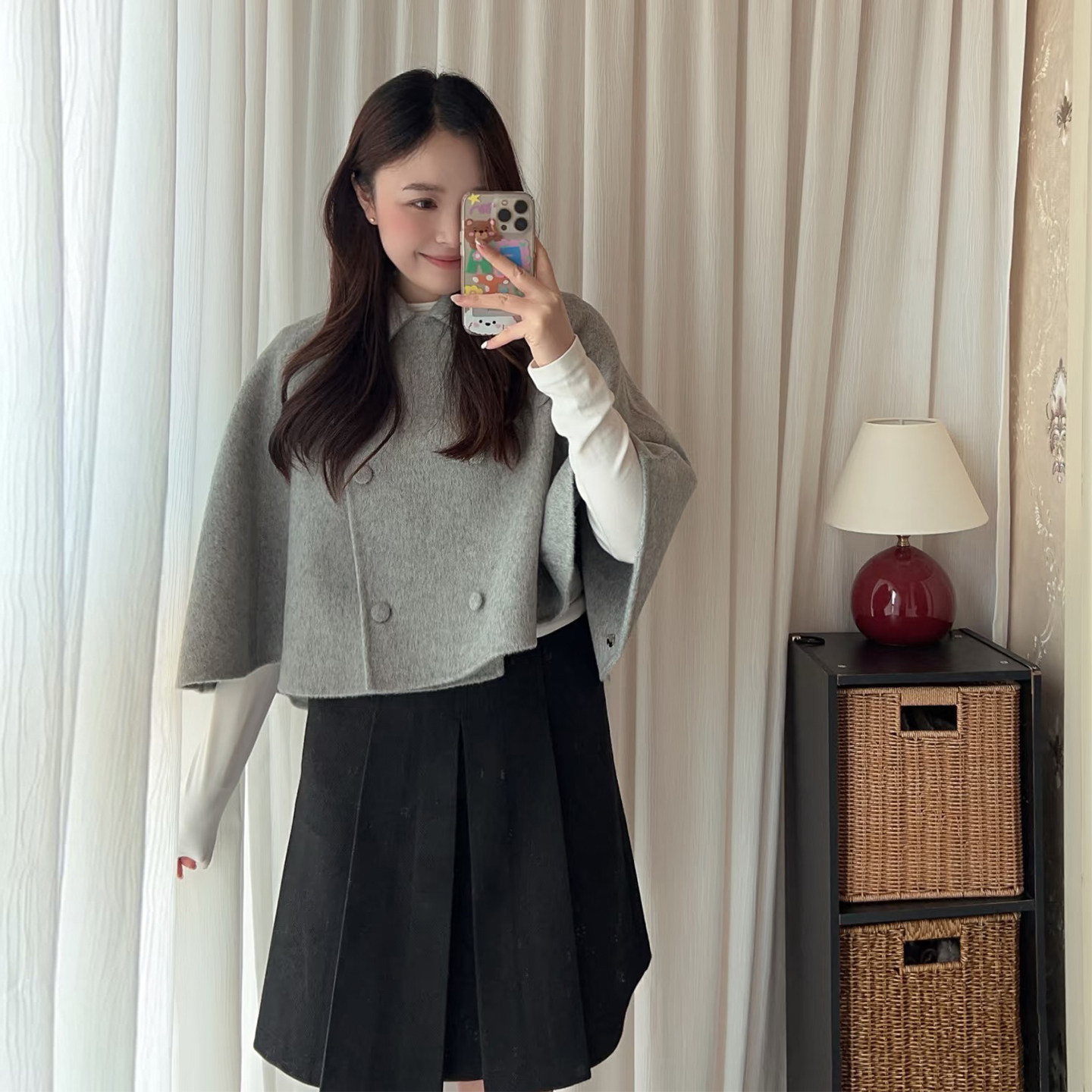 千金风灰色翻领双排扣毛呢斗篷大衣女春秋季小个子短款呢子外套