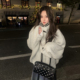 韩版 立领灰白色圈圈毛外套女秋冬季 小个子宽松通勤慵懒风毛呢大衣