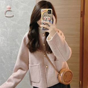 温柔风粉白休闲风毛呢外套女秋冬装新款韩版小个子高级感呢子大衣
