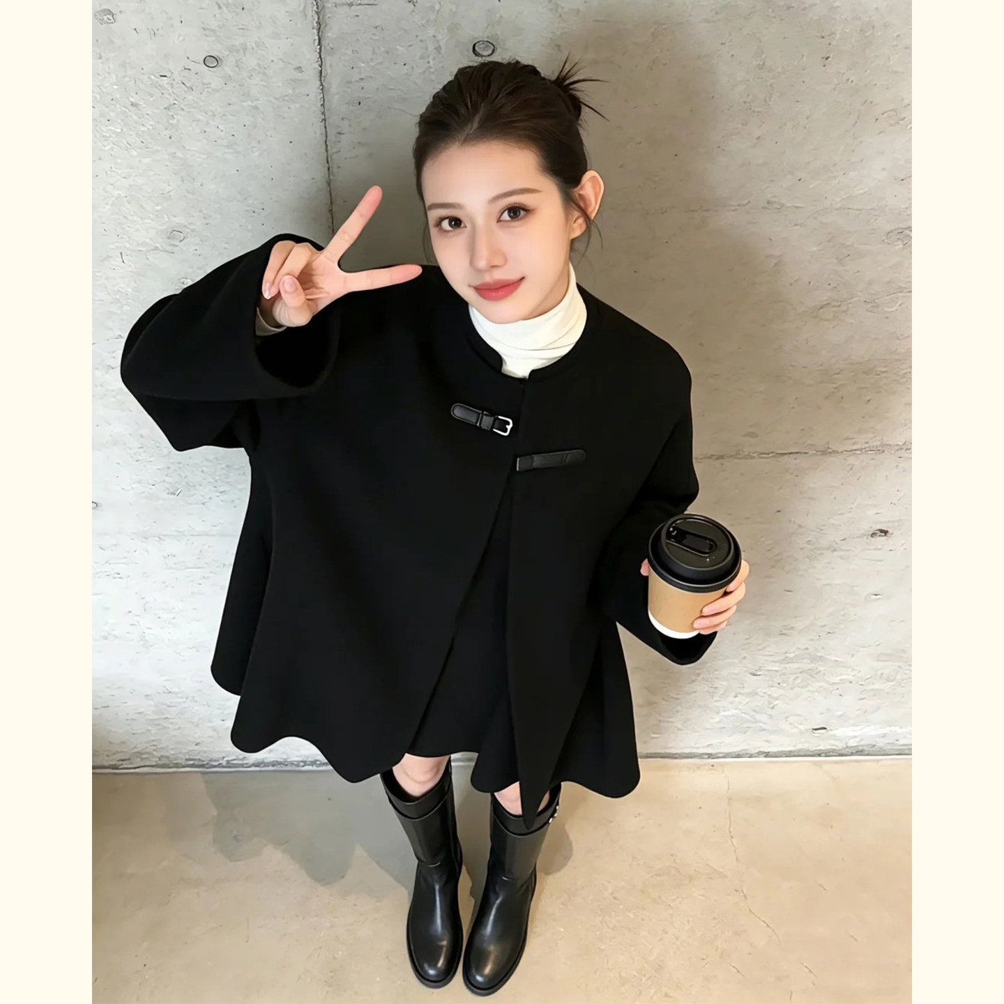 新中式圆领毛呢大衣女 黑色盘扣宽松A字斗篷小个子呢子外套秋冬