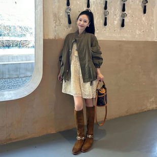 复古机车风军绿色中长款 风衣女小个子立领抽绳束腰休闲百搭外套