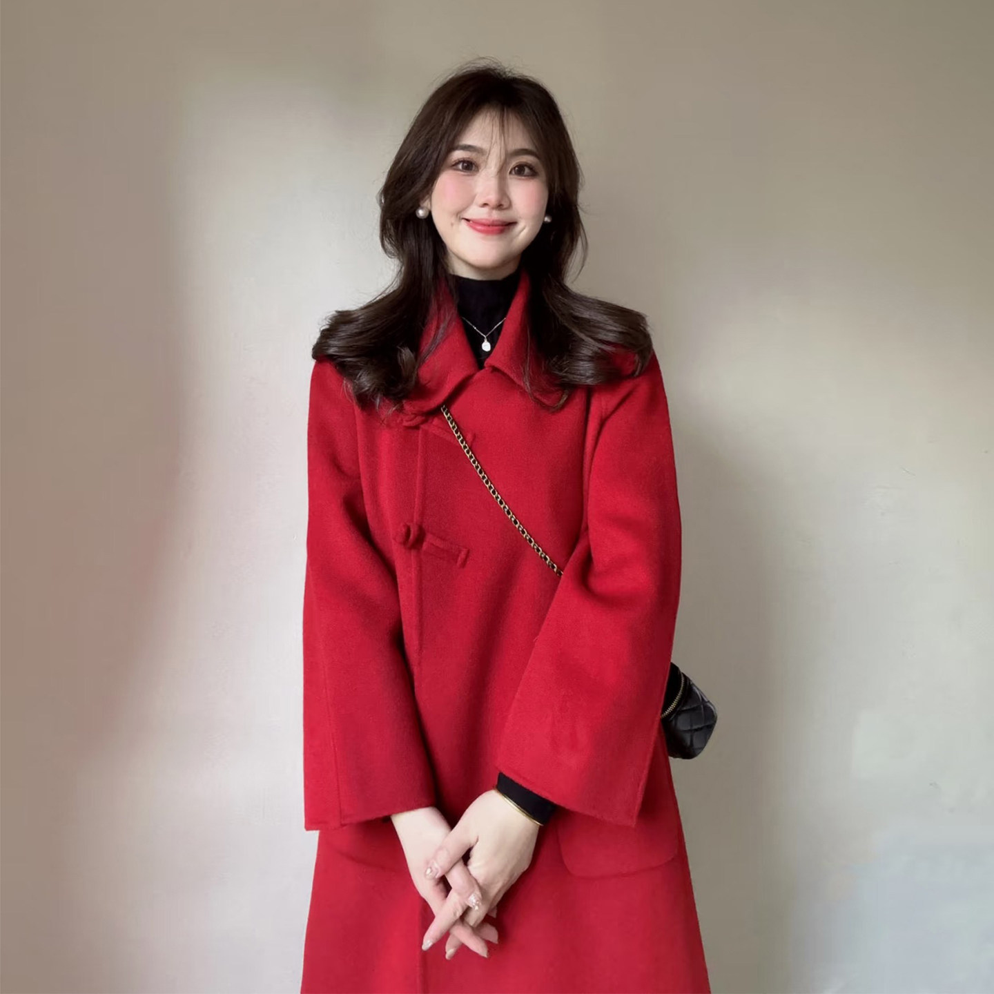 红色毛呢外套女中长款盘扣呢子大衣小个子气质复古过年红氛围感