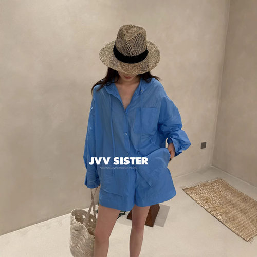 JVV十三行2026夏季新款连帽薄款防晒衬衫短裤休闲时尚套装女70702