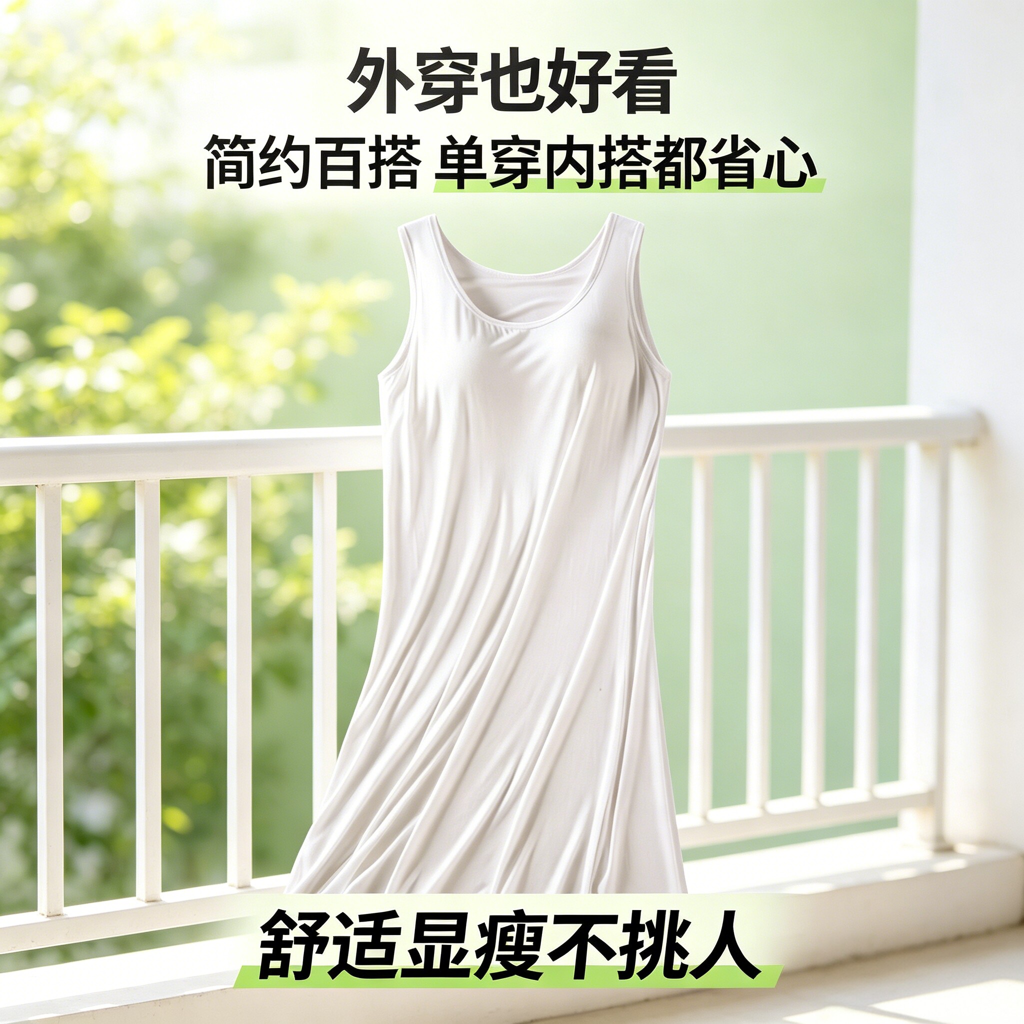 莫代尔白色带胸垫宽松吊带背心女