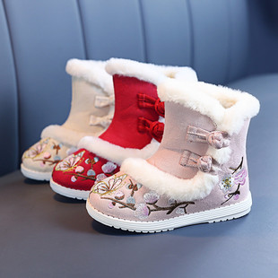 儿童绣花鞋冬季加绒女童汉服鞋中国风古装短靴保暖冬靴古风拜年鞋