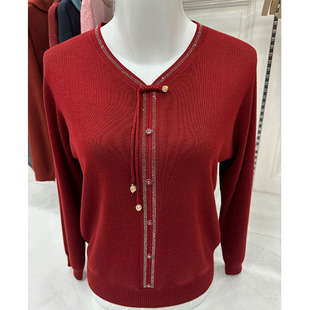 妈妈针织衫天丝t恤中老年人女装打底上衣春季新款薄款红色体恤衫