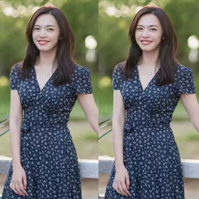 姚晨同款V领碎花连衣裙雪纺长裙