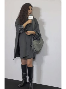 朱珠同款灰色韩系宽松毛呢外套女