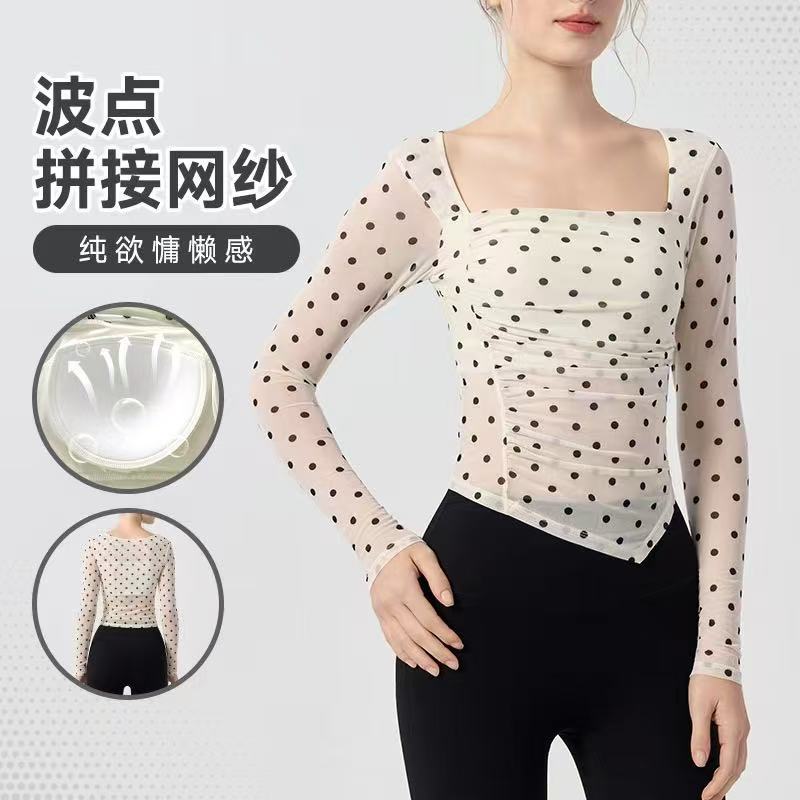 波点瑜伽服长袖女带胸垫网纱褶皱速干运动t恤修身显瘦健身上衣