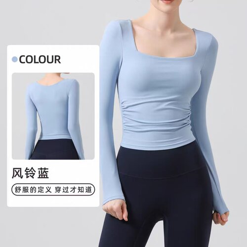 低胸性感一体杯瑜伽服长袖速干上衣女紧身透气撸铁跑步运动健身服