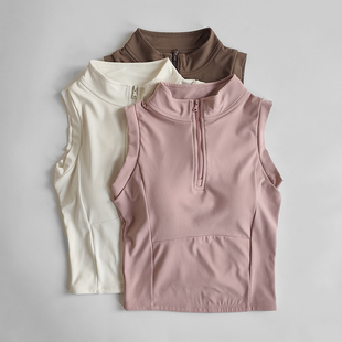 撸铁猫新款半拉链一体杯运动速干无袖女跑步上衣修身瑜伽背心