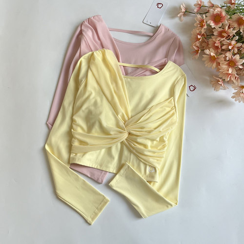 不对称扭结网纱一体杯长袖健身衣女美背瑜伽服训练运动上衣