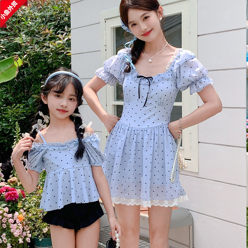 波点亲子母女泳衣连体裙式平角遮肚显瘦女童分体两件套保守度假风