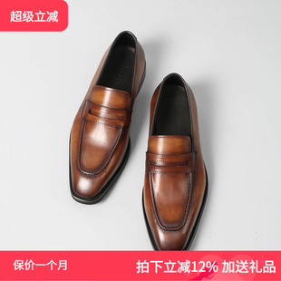 男真皮套脚皮鞋 TRD新款 乐福鞋 英伦复古商务休闲皮鞋 一脚蹬手工鞋