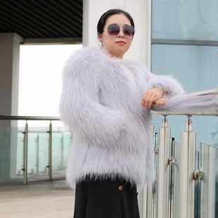 狐狸毛貉子毛编织皮草女外套圆领时尚年轻显瘦中长款大衣2021秋冬