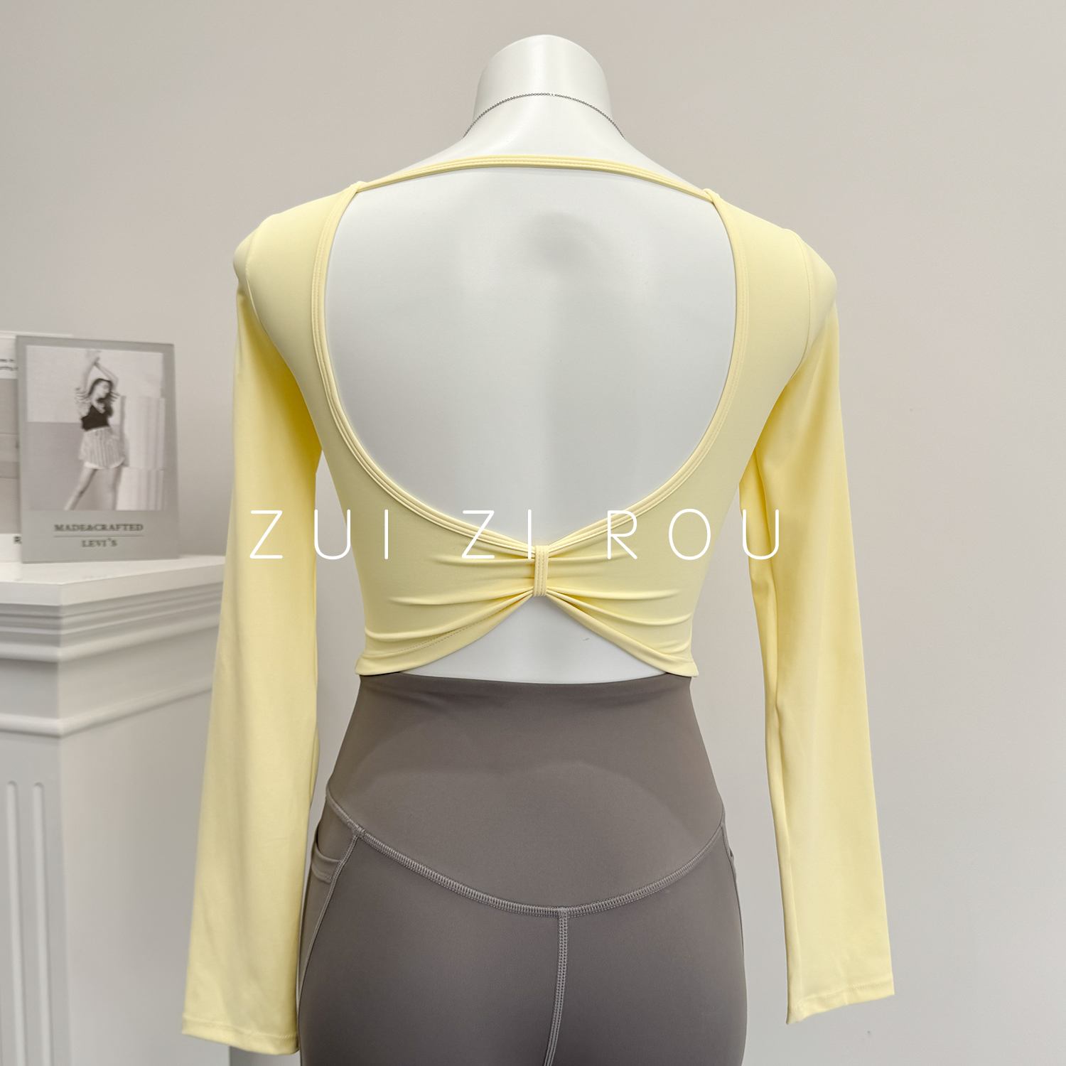 性感美背瑜伽服女长袖带胸垫运动上衣春秋季普拉提训练舞蹈健身服